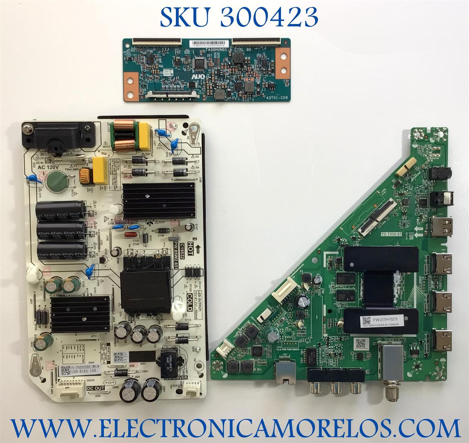 KIT DE TARJETAS PARA TV TOSHIBA FIRE TV HD / MAIN CN2T100001F / TD.T950.67 / CN2T100001F00DWAL / T-CON 55.43T01.C18 / 5543T01C18 / T430HVN01.A / FUENTE 1T920000B00 / C19532 / PANEL K430WDCRA / DISPLAY T430HVN01.0 / MODELO 43LF421U21